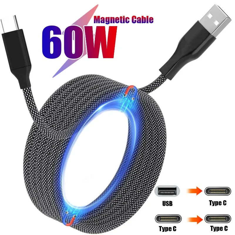 

USB-C Charger Cable Magnetic C To C Cable 60W(3A) Type C Charging Wire Nylon Braided for IPhone 15 Plus Pro Max Samsung Macbook