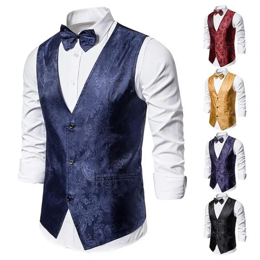 

Men Suit Vest Printed Single-breasted V-neck Suit Vest with Bow Tie Double-breasted Slim Fit Business Waistcoat for Men Formal