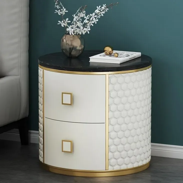 Bedroom Furniture Bedside Table Luxury Round Marble Leather Table Storage Bedside Cabinet For Home Hotel