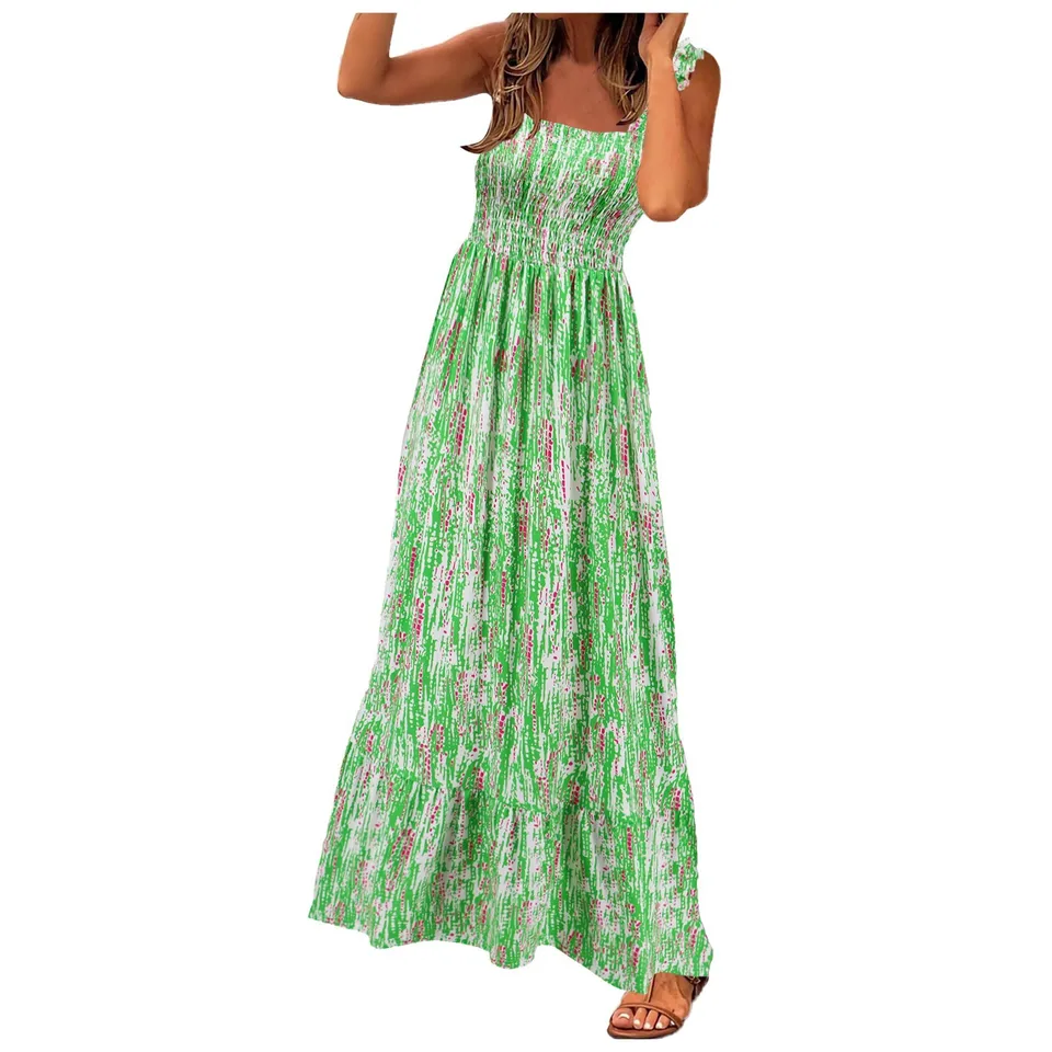 Women Summer Boho Spaghetti Strap Square Neck Dress
