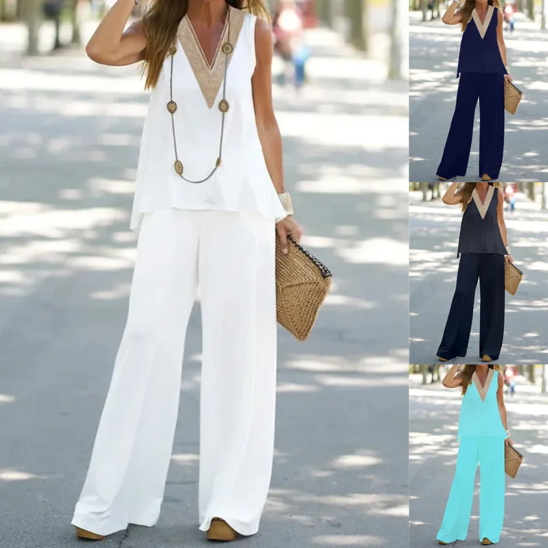 

Женский спортивный костюм из двух предметов, топ без рукавов с V-образным вырезом и брюки с широкими штанинами, Свободный пуловер с карманами и принтом в стиле High Street