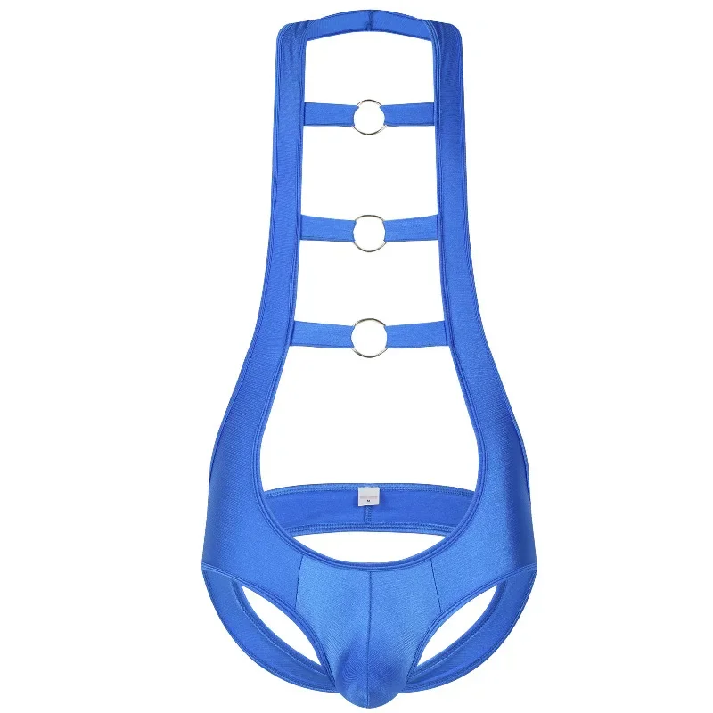 Mens Sexy Open Butt Bodysuit Wrestling Singlet Hollow Out Halter-neck Jumpsuit Nightwear Jockstrap Rompers Gay Erotic Underwear