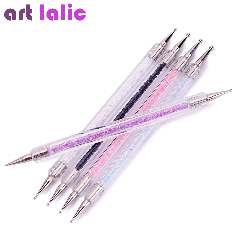 Nail Art Tools 5Pcs Double-ended Nail Dotting Pen with Rhinestones Handle Dotting Gems Picker