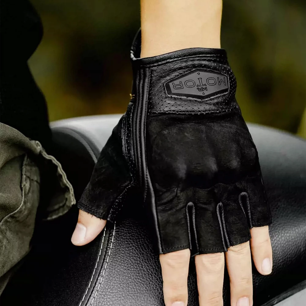 Summer Men Fingerless Motorcycle Glove,Leather Riding Gloves for