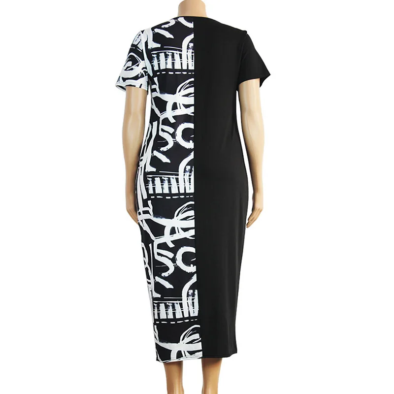 Plus Size Casual Summer Clothes for Women Round Neck Black and White Printing Short Sleeve Pullover Slim Ankle-length Dresses