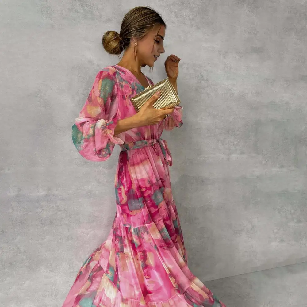 

Printed Chiffon Dress Bohemian Style Maxi Dress with Colorful Print V Neck Lace-up Waist Lantern Sleeves for Women's Evening