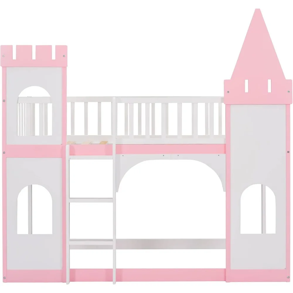 Twin Size Loft Bed Low Bunk Beds,Castle Shaped Wood Bed Frames with Safety Guardrails for Boys or Girls, Pink 4