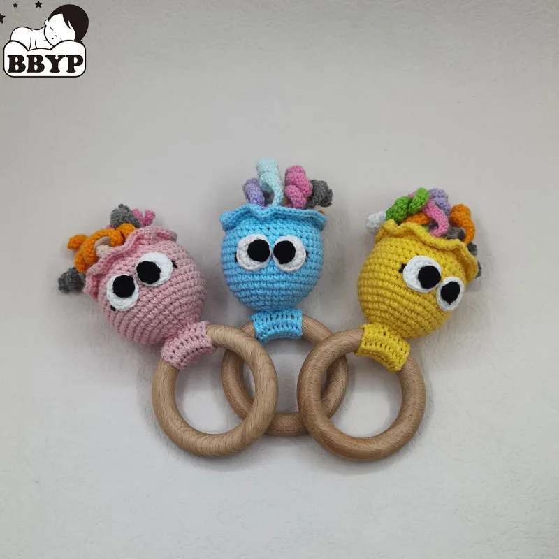

Baby Wooden Teether Ring DIY Crochet Octopus Animal Rattle Bracelet Infant Teething Nursing Soother Molar Toys Newborn Shower
