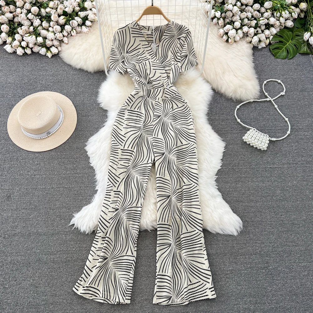 

Clothland Women Vintage Print Jumpsuits V Neck Short Sleeve High Waist One Piece Ankle Length Long Playsuits Mujer KA384