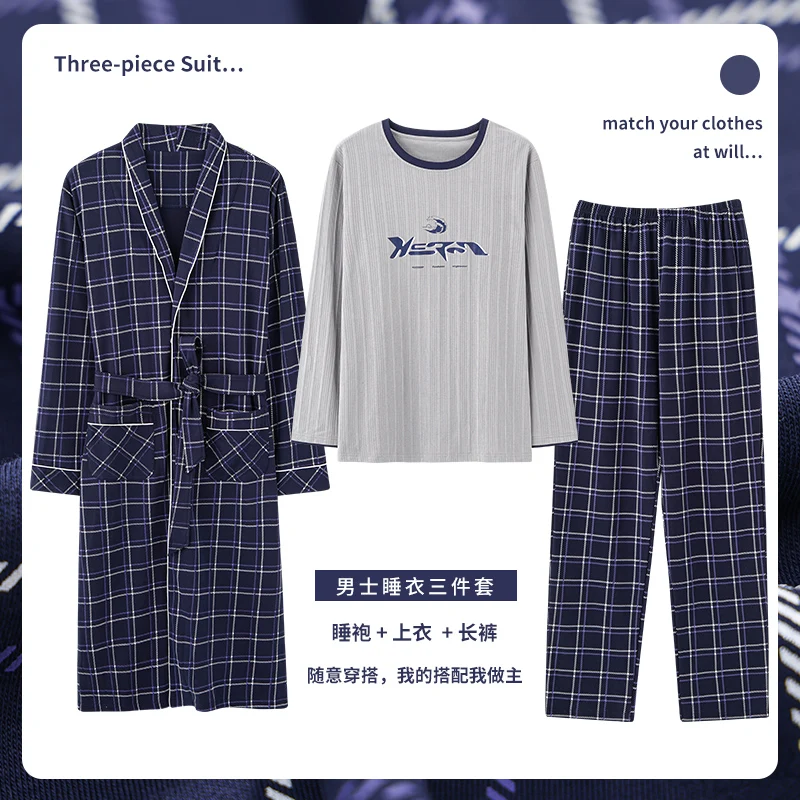 3pcs Men's Robe Gown Pajamas Set Plus Size 3xl 4xl Leisure Homewear Pajamas Set+robe Long Sleeved Spring Autumn Sleepwear Cotton mens cotton pjs Men's Sleep & Lounge