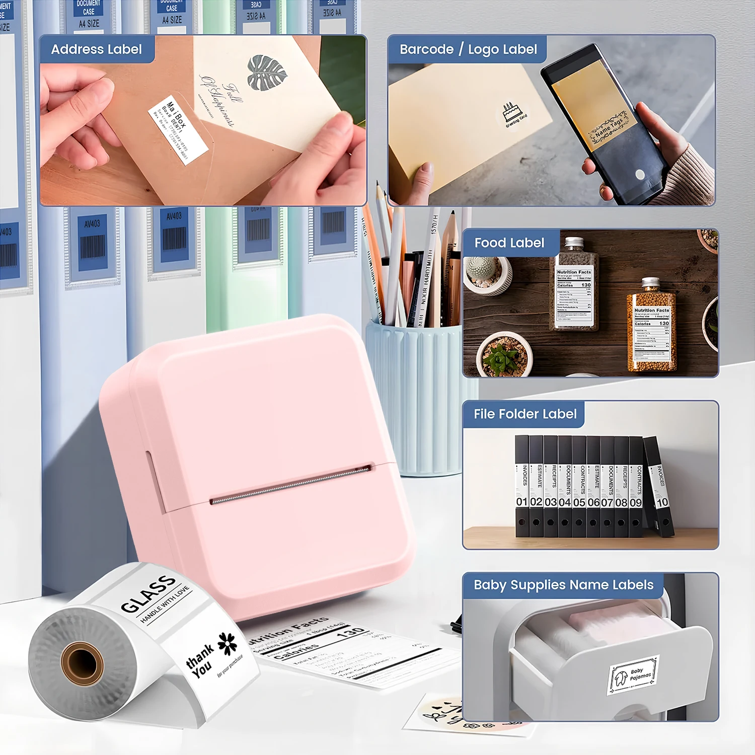 Marklife S2 휴대용 열전사 프린터(테이프 포함) 2인치 접착 라벨 프린터 미니 블루투스 스티커 메이커 지원 스마트폰 PC