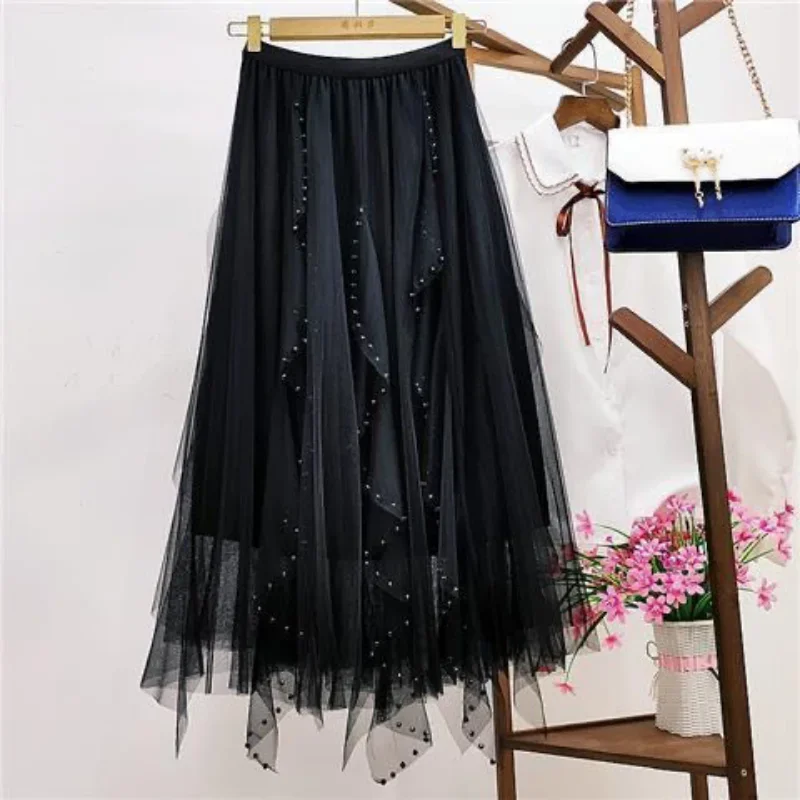 

Luxury Gothic Beaded Mesh Pleated Long Maxi Dress Women Summer Autumn Black Skirt Korean High Waist Casual Designer White Skirt