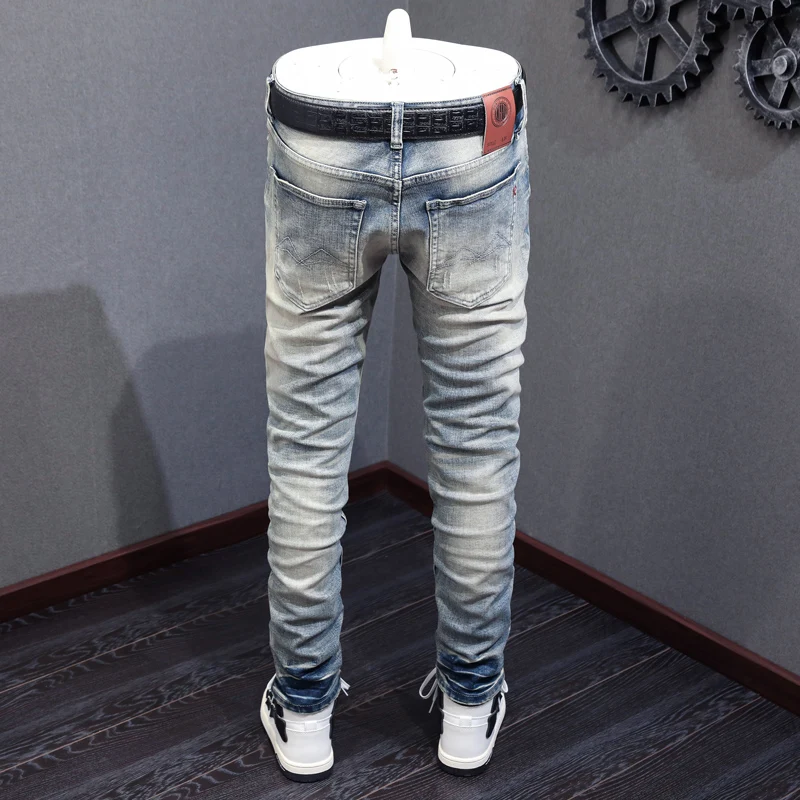 Italian Fashion Men Jeans Light Gray Blue Slim Fit Retro Ripped Jeans Men Vintage Trousers Casual Designer Denim Pants Hombre