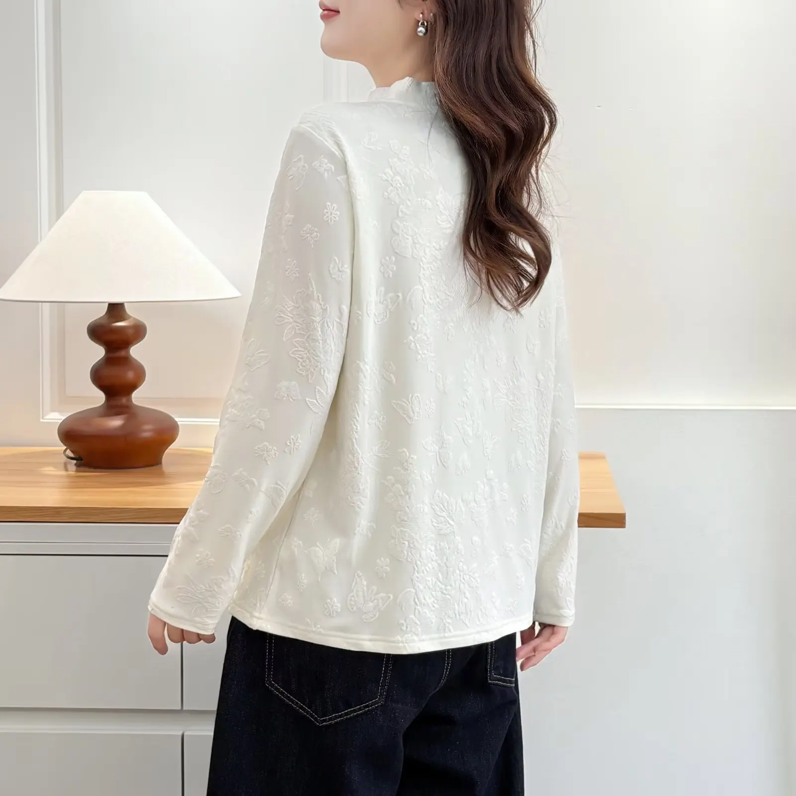 XXXXL Fashion Plus Size Women's T-Shirt New Style Fleece Warm Jacquard Long Sleeved Base Tops For 2025 Autumn And Winter 643