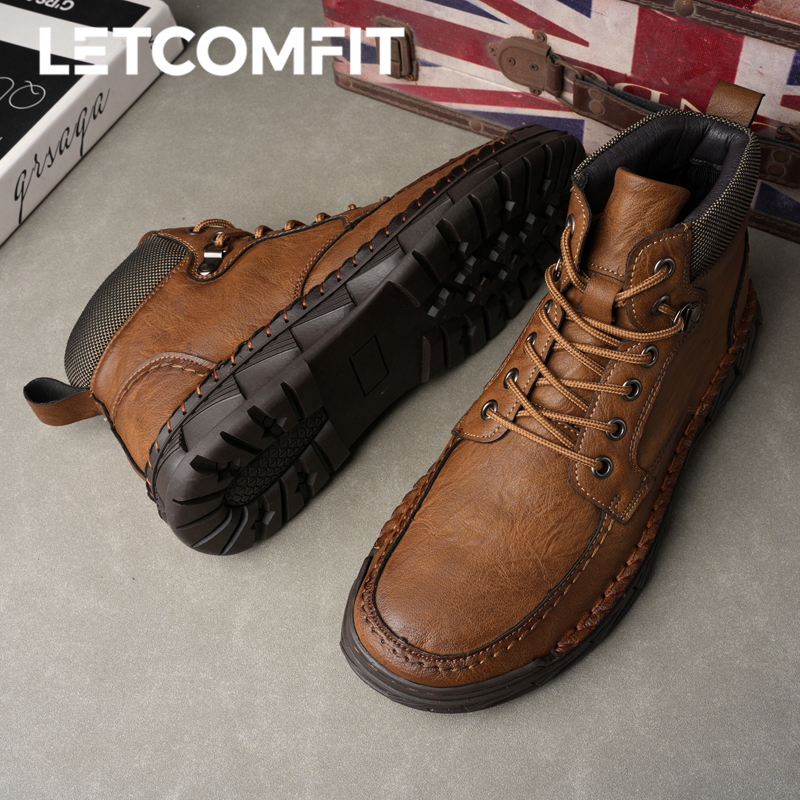 New Men's Leather Boots Handmade Vintage Brown High-Top Work Boots Lace-Up Casual Shoes  Outdoor Winter Fall Shoes Fleece Lined