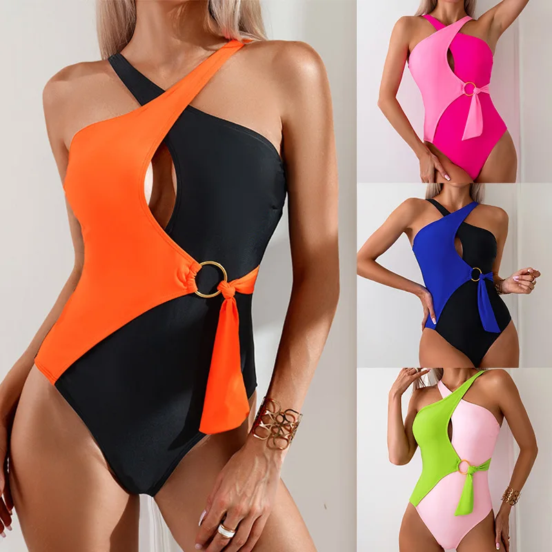 

2024 New European and American Contrast Color One Piece Sexy Swimsuit Women's Nylon Amazon Swimsuit