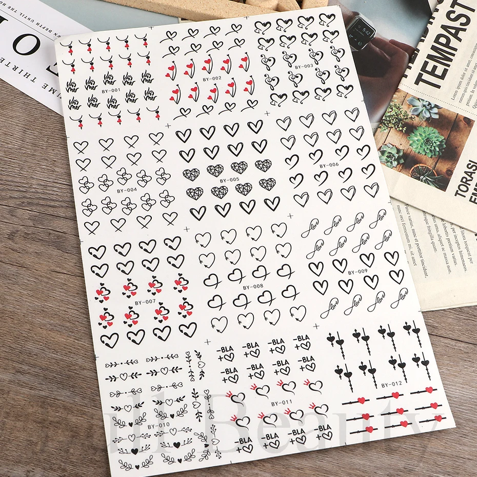 12pcs Water Sticker Nail Art Heart Love Letters Cats Flowers Decals Transfer Sliders Tattoo Valentine Decorations Manicure TRBY 2