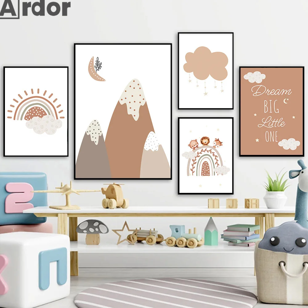

Cartoon Bear Lion Deer Canvas Poster Rainbow Cloud Wall Painting Sun Mountain Art Prints Nursery Posters Kids Girls Room Decor