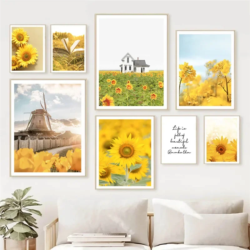 

Sunflower Flower Field Canvas Painting Spring Landscape Windmill Wall Art Poster Living Room Decoration Home Decor Picture