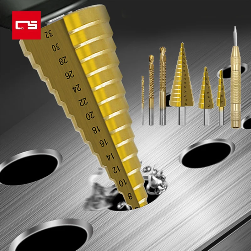 7Pcs Step Drill Bit Saw Drill Bit Set Titanium Milling Cutter 4-12/4-20/4-32mm 3/6/8mm for Woodworking Metal Core Hole Opener