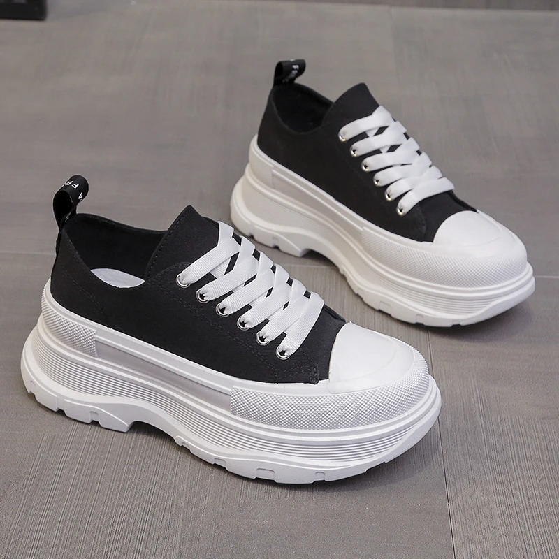 

Lucyever Canvas Chunky Platform Sneakers Woman Spring Summer Thick Bottom Sport Shoes Women Black White Lace Up Skateboard Mujer