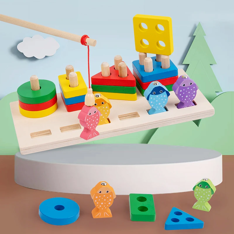 2 in 1 Montessori Baby Developmental Toys Shape Sorting Puzzle and Fishing Game Wooden Educational Toys for Children 3 4 5 Years 2