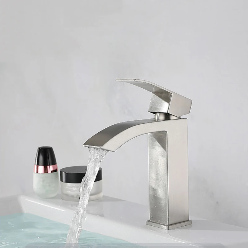 

Bathroom Basin Faucet Stainless Steel Waterfall Tall Sink Vessel Tap Hot & Cold Water Mixer Deck Mount Lavotory Faucets