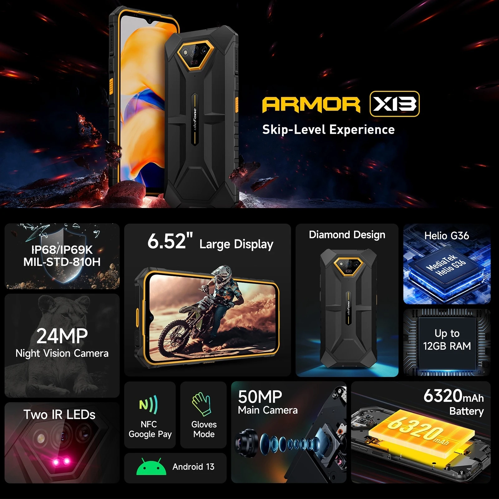 Ulefone Armor X13 6GB+64GB IP68/IP69K Rugged Global Version 6.52 inch Android 13 MTK Helio G36 NFC Unlock Cellphon