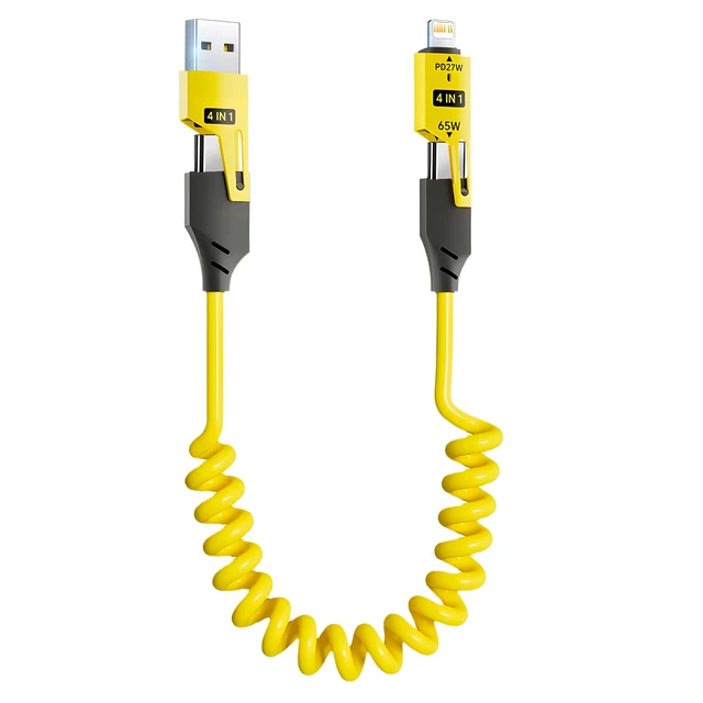 4 in 1 65W Spring Short Data Cable 6A USB Type C Spring Telescopic Quick Charger Wire Spring USB Cable for iPhone 15 14 13 12 1