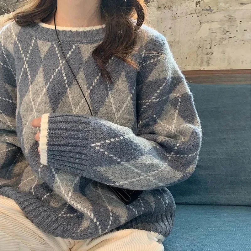 

Women Knitted Sweater Fashion Oversized Pullovers Winter Argyle Loose Sweater Korean College Style Women Jumper Sueter Mujer