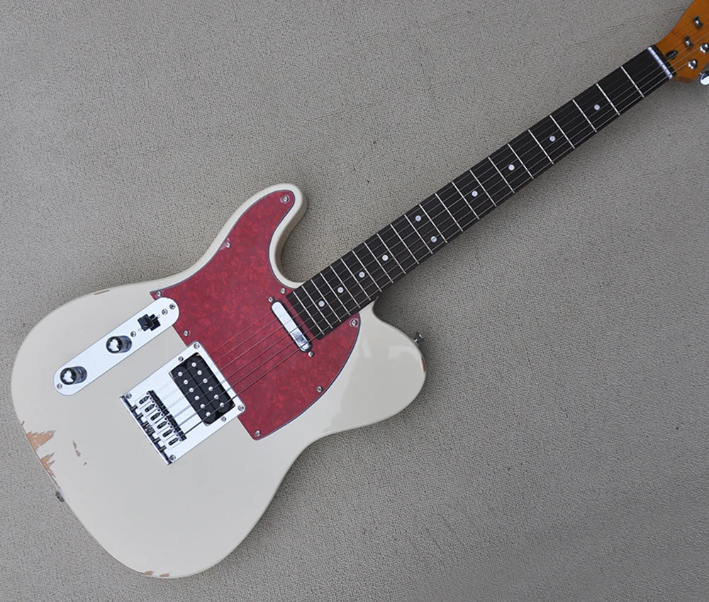 

6 Strings Left Hand Cream Electric Guitar with Red Pearl Pickguard,Rosewood Fretboard,Customizable