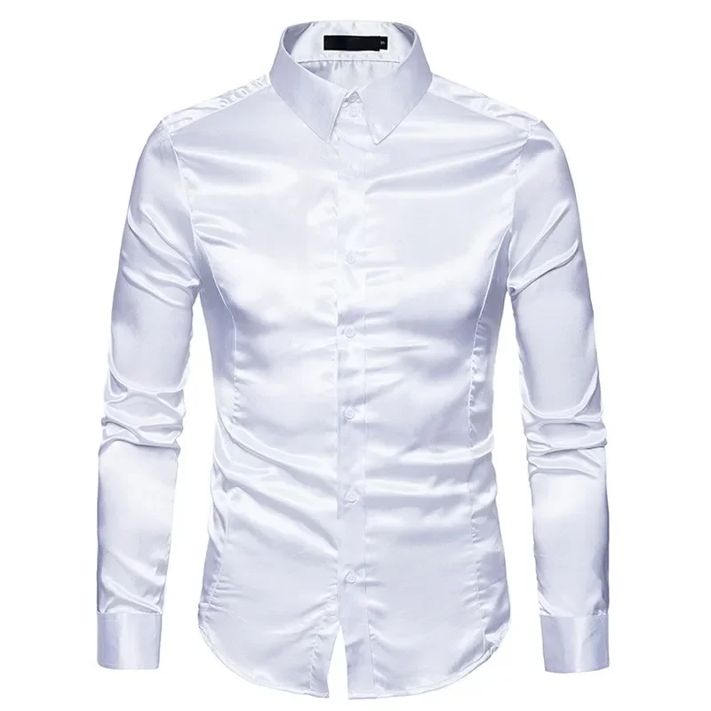

Mens Brand Silk Shirt New Fashion Silk Satin Male Social Shirt Casual Slim Fit Long Sleeve Dress Shirts Wedding Camisa Masculina