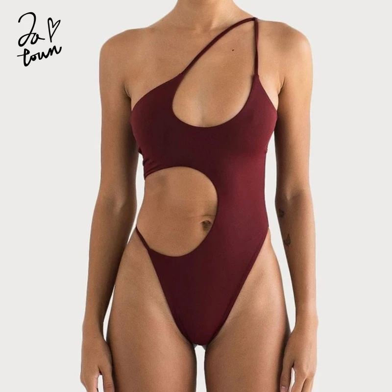 

Zatown One Piece Swimsuit Hollow Out Solid One Shoulder Swimwear Women Bathing Suit Swimming Suits Beachwear Monokini Bathers