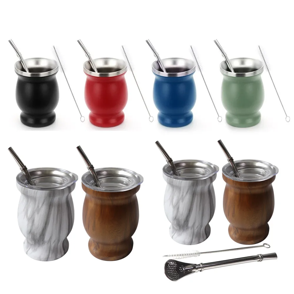 Yerba Mate Cup 230ML Yerba Mate Cup 304 Stainless Steel Double Wall Argentine Yerba Mate Gourd With Bombillas and Cleaning Brush Coffee Tea Mug
