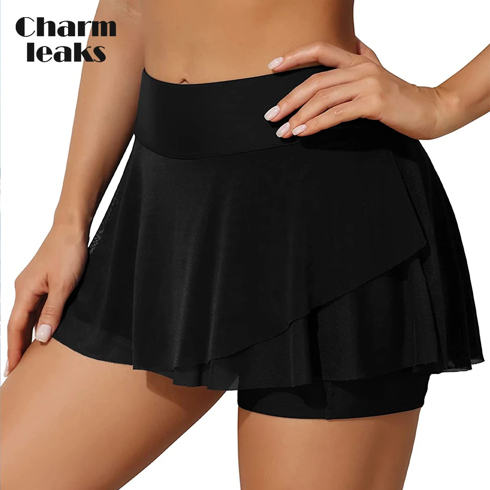 Charmleaks Women Swimming Skirts Solid High Waist with Pockets Soft