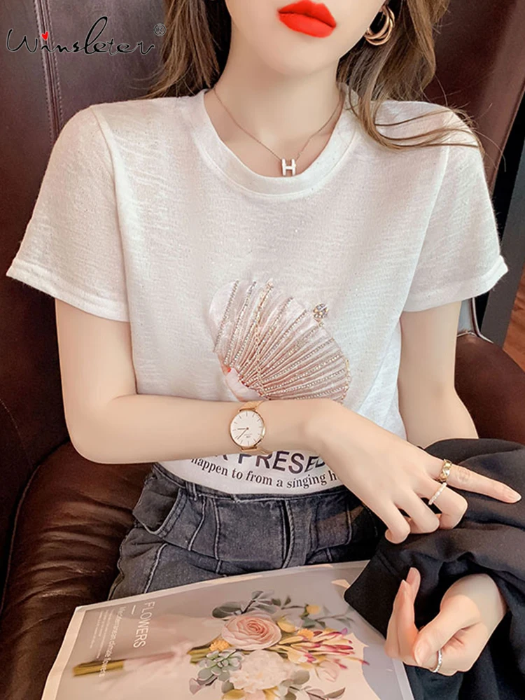 

Summer 2022 T-shirt Women Hat Appliqued Letters M Casual Tops Tee Knitted Short Sleeve Multi Colors T23302X