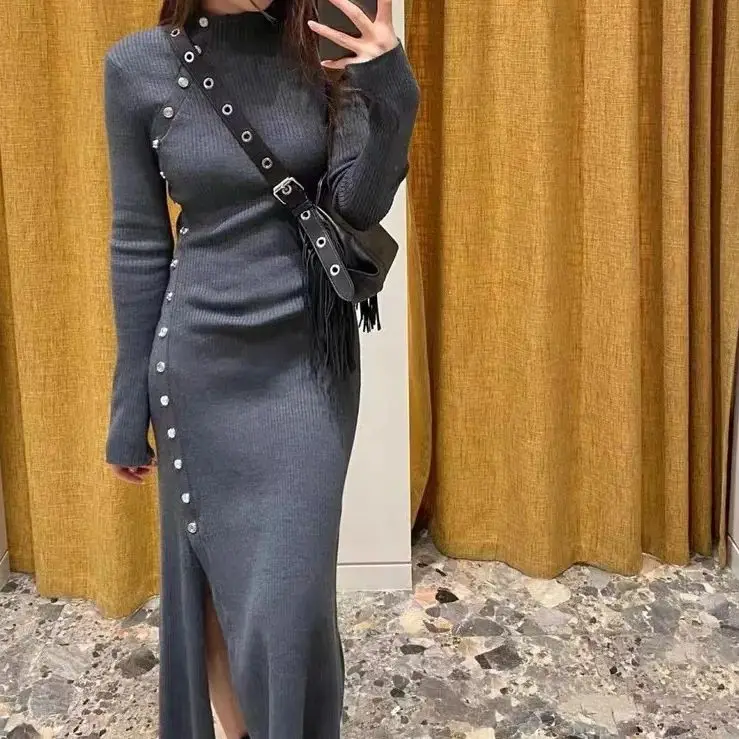 

2023 Winter Women Midi Robe Single Breasted Buttons Slim Split Waist Knitted Casual Dress