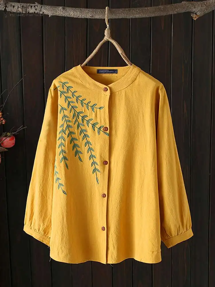 

ZANZEA 2024 Summer Casual Embroidery Blouse Women Baggy Elegant O-neck Tops Long Sleeve Button Shirt Oversized Solid Tunic Femme