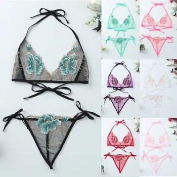 Intimo da donna in due pezzi con ricamo floreale in pizzo Set di lingerie erotica da donna Reggiseno con cinturino regolabile in pizzo sexy Perizoma perizoma