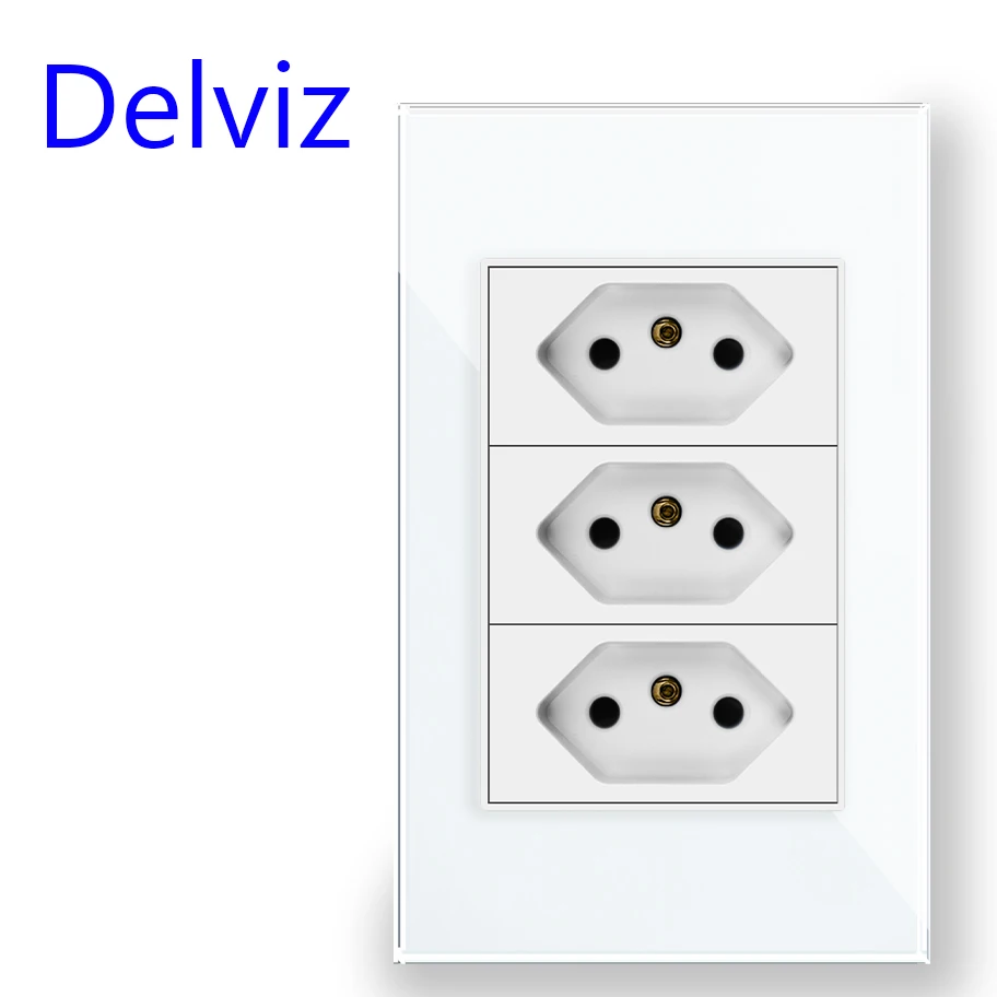 Delviz Brazil Standard Socket, 120mm*72mm Crystal Glass Panel,White/Black,AC 110V~250V, 3gangs 3 Pins hole 10A Power Wall Outlet images - 6