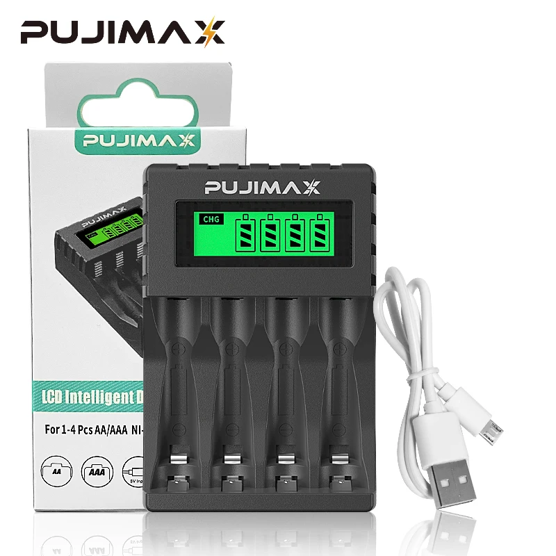 Battery Charger Fast Charger Battery Charger Adapter PUJIMAX Battery Charger With LCD Display 4 Slots Smart Fast Charging For 1.2V AA/AAA NiCd NiMh Rechargeable Battery