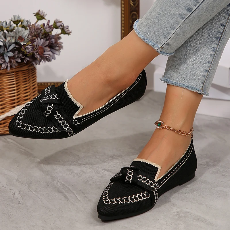 Rimocy Women Flats 2025 New Knitted Mesh Breathable Loafers Soft Comfort Pointed Toe Casual Shoes Trend Bow Decor Woman Shoes 2