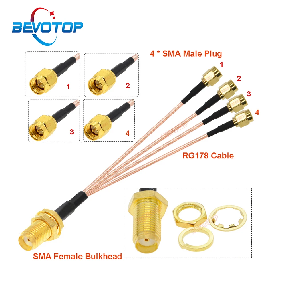 Cabo Coaxial de Extensão de Antena Wifi Pigtail Jumper a Sma Fêmea para 4x Sma Macho Plug Rg178 1pc