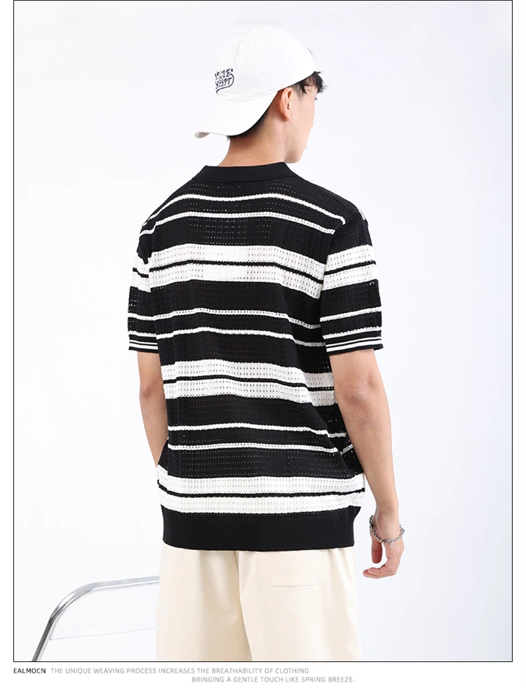 Loose Fit Knitted Polo Shirts Man Single Breasted Viscose Elastic Summer Quality Hollow Out Breathable Striped Camisas De Hombre 23 S3c88d1b357064e4fb5eabe18e45bb1fcr