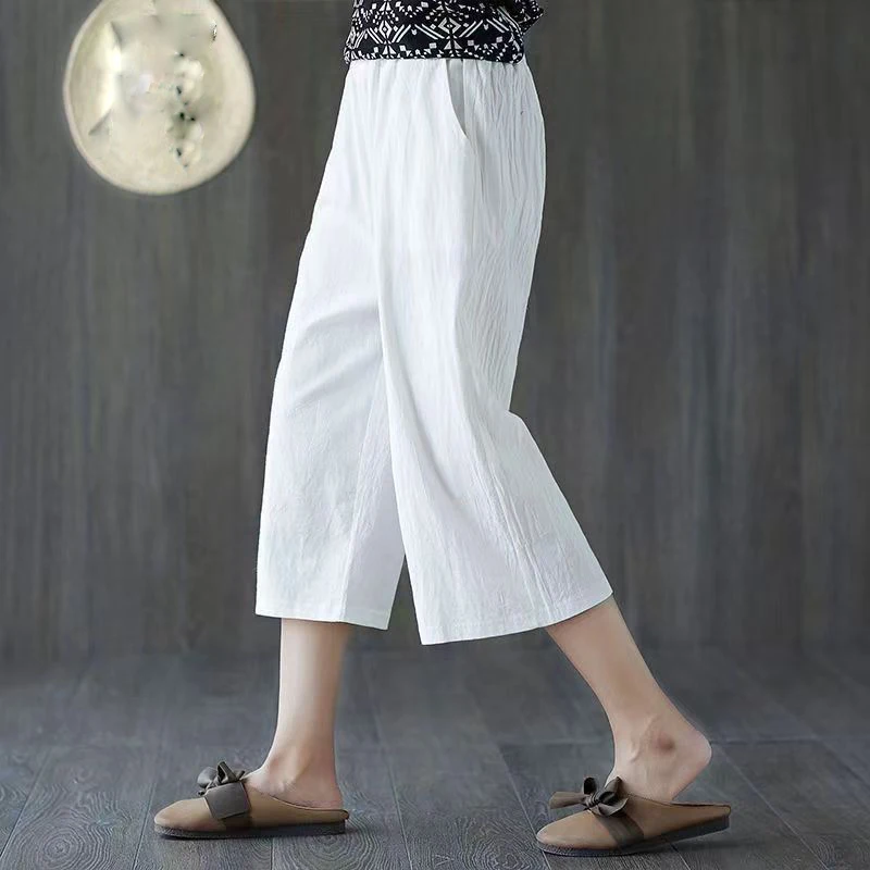 Fashion Elastic Solid Color Pockets All-match High Waist Pants Women's Clothing 2024 Summer New Loose Commuter Capri Pants