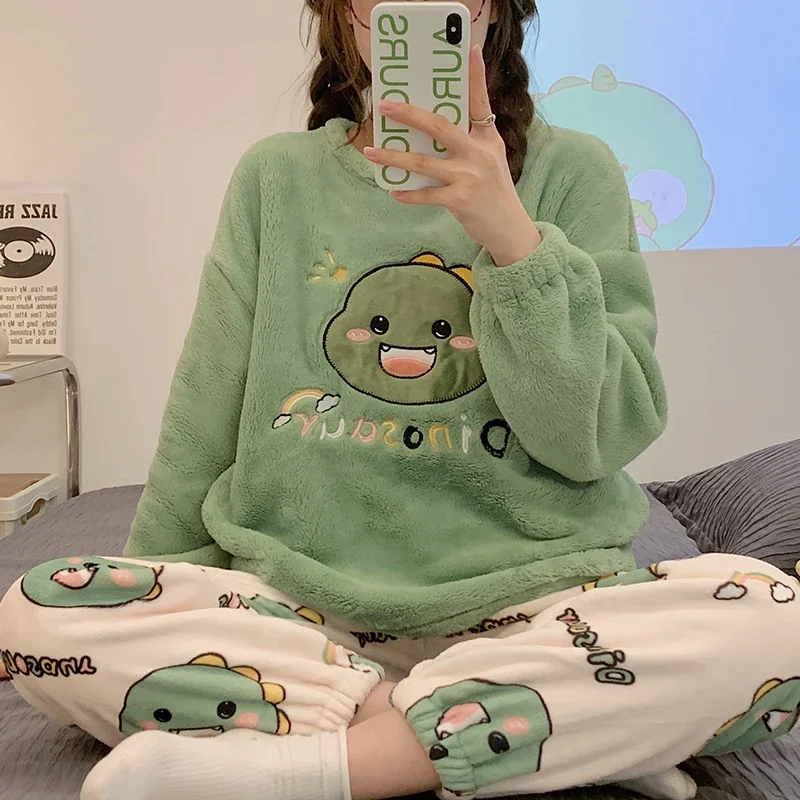 Women Sleepwear 2 Pieces Set Round Neck Long Sleeve Winter Flannel Dinosaur Printing