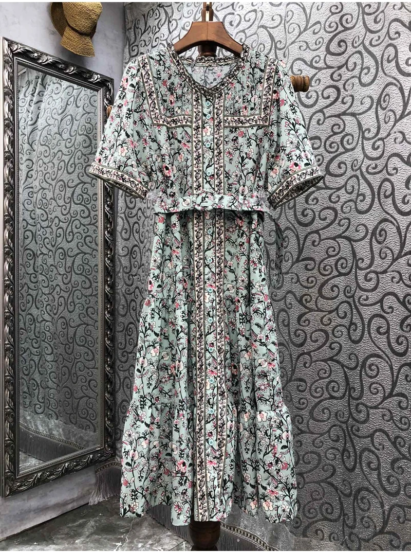 

100%Cotton Dress 2023 Summer Style Ladies Sweet Little Floral Print Belt Deco Short Sleeve Mid-Calf Casual Blue Dress Gorgeous