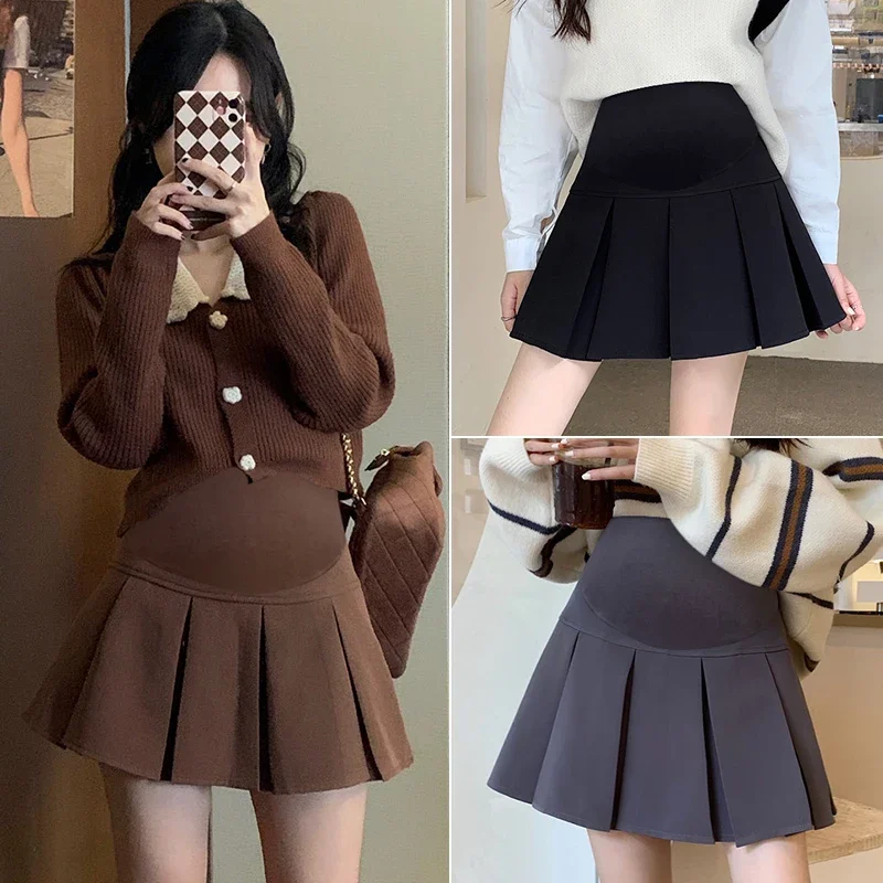 1030# Autumn Winter Woolen Maternity Skirts Pleated A Line Elastic Waist Belly Clothes for Pregnant Women Hot Pregnancy Shorts