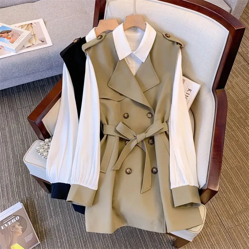 

New Spring Autumn Suits Women High-grade Fashion Casual Workwear Trench Waistcoat Shirt Two-piece Set Female Vest Sets Khaki 4XL