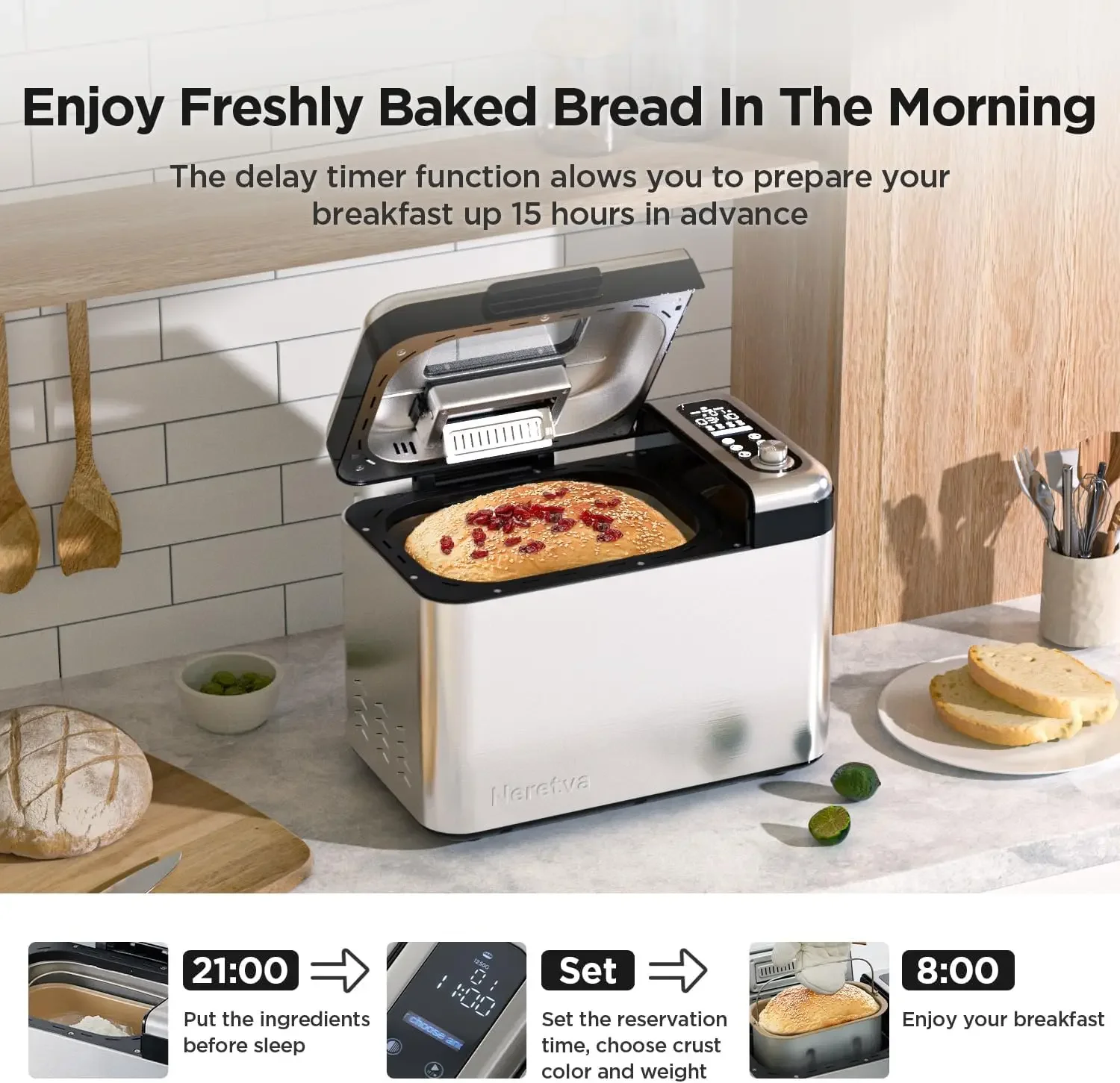 Bread Maker, 3.3LB Larger Bread Machine 15-in-1 Stainless Steel & Nonstick Ceramic Pan & Auto Nut Dispenser Bread Maker Machine 4